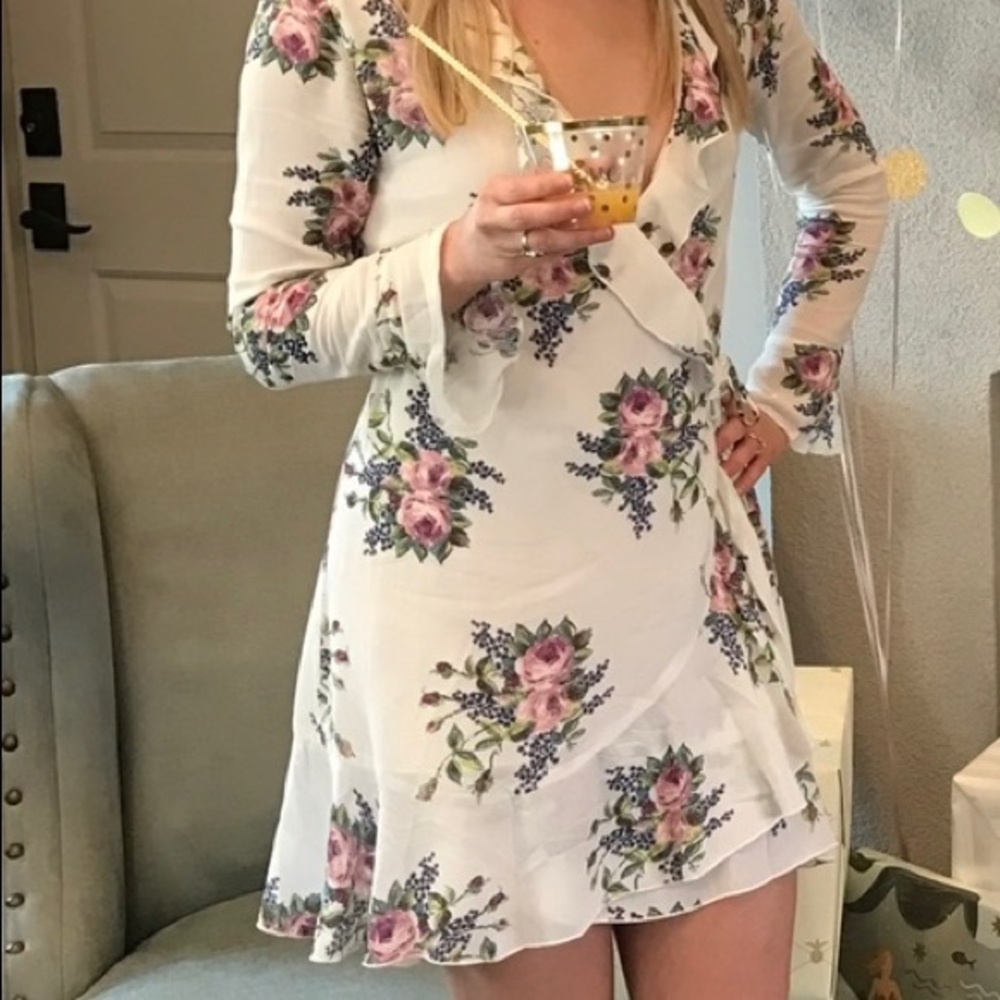 Roe + May ruffle wrap mini dress, ivory with floral print